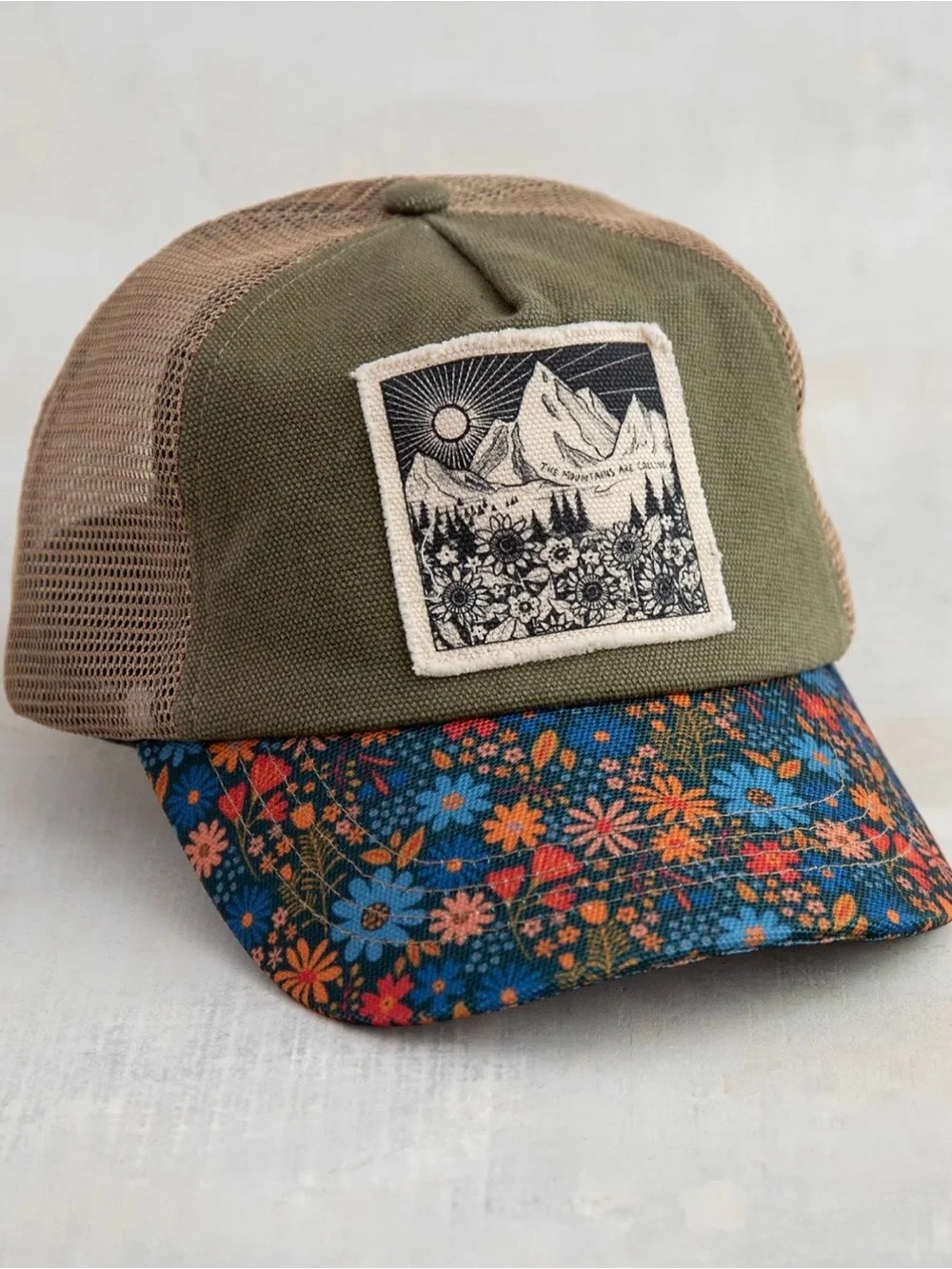 Natural Life Mountains Canvas Trucker Hat Floral Brim Snapback Boho Outdoors
